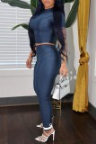 Deep Blue Casual Sportswear Solid Patchwork O Neck Short Sleeve Two Pieces