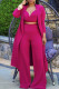 Rose Red Casual Solid Patchwork Turn-back Collar Nine Points Sleeve Two Pieces