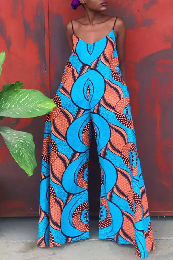 Blue Street Bohemian Print Patchwork Spaghetti Strap Straight Jumpsuits