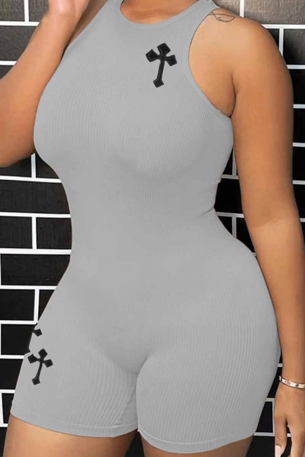 Grey Casual Street Print Without Belt O Neck Rompers