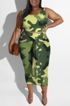 Army Green Casual Print Patchwork U Neck Plus Size Two Pieces