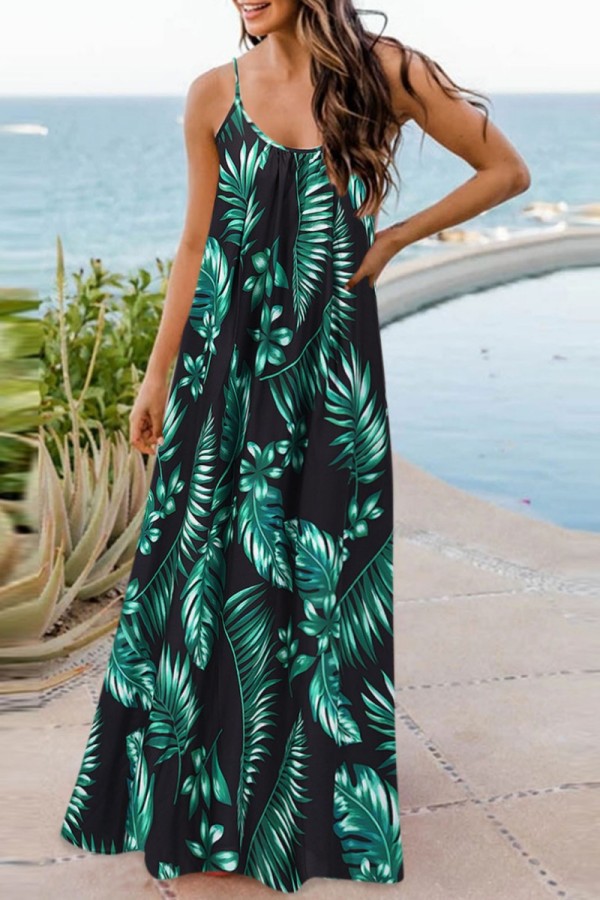 Green Sexy Casual Print Backless Spaghetti Strap Long Dress Dresses