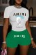 Green Casual Print Letter O Neck Short Sleeve Two Pieces