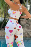 White Sexy Casual Print Backless Vests Pants Spaghetti Strap Sleeveless Two Pieces