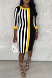 Black Casual Striped Print Patchwork O Neck Dresses