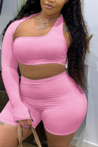 Pink Sexy Solid Hollowed Out Patchwork Asymmetrical Asymmetrical Collar Plus Size Two Pieces
