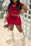 Red Casual Print Basic O Neck Short Sleeve Two Pieces