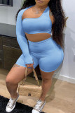 Light Blue Sexy Solid Hollowed Out Patchwork Asymmetrical Asymmetrical Collar Plus Size Two Pieces
