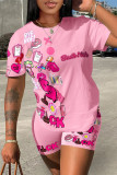 Fluorescent Color Casual Street Print Patchwork O Neck Short Sleeve Two Pieces
