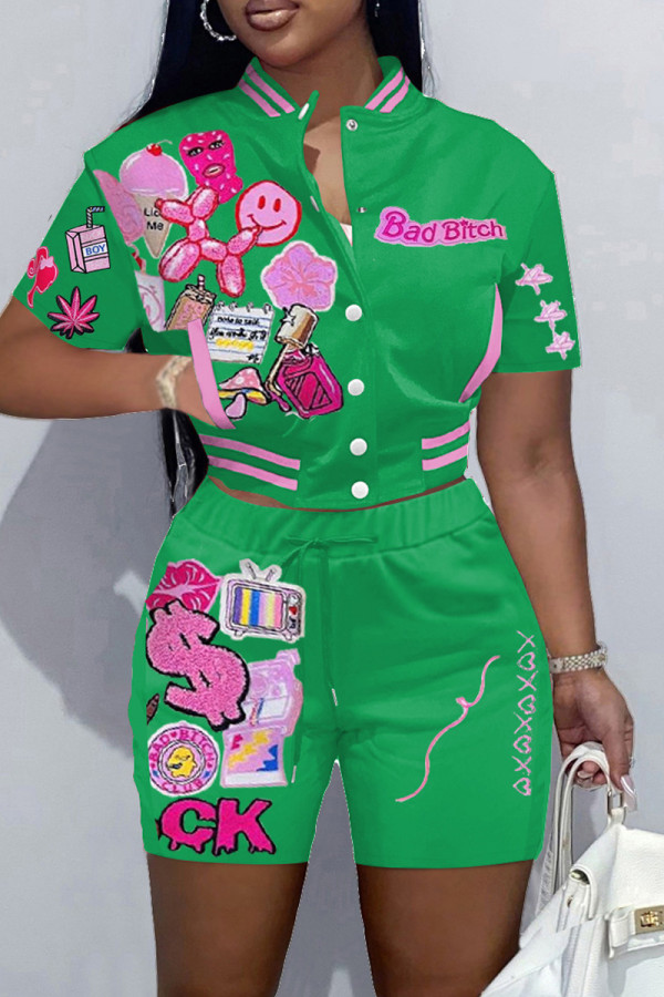 Green Casual Print Patchwork Short Sleeve Two Pieces