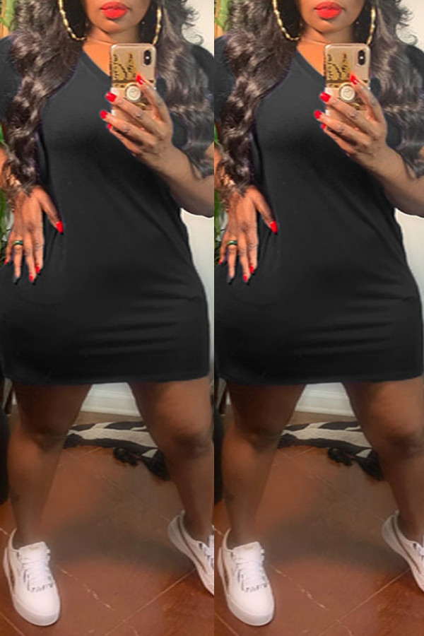 Black Fashion Casual Solid Basic V Neck Short Sleeve Dress
