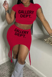 Red Casual Print Basic O Neck Short Sleeve Two Pieces