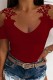 Burgundy Casual Solid Hollowed Out V Neck T-Shirts