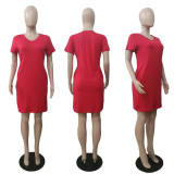 Red Fashion Casual Solid Basic V Neck Short Sleeve Dress