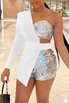 White Sexy Solid Patchwork Asymmetrical Sequins Asymmetrical Collar Regular Rompers