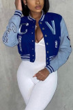 Blue Casual Street Sportswear Daily Letter Buckle Printing Contrast POLO collar Outerwear