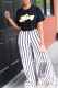 Black Casual Striped Print Patchwork O Neck Short Sleeve Two Pieces