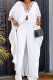 White Casual Solid Hollowed Out Patchwork Slit V Neck Three Quarter Two Pieces