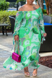 Green Casual Print Backless Off the Shoulder Long Sleeve Dresses