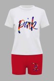 Rose Red Casual Print Letter O Neck Short Sleeve Two Pieces