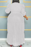 White Casual Elegant Solid Patchwork Buckle Fold Turndown Collar Cake Skirt Plus Size Dresses