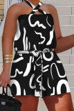 Black Casual Vacation Simplicity Print Frenulum Halter Straight Rompers