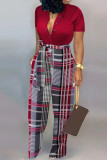 Pink Casual Print Patchwork Buckle Turndown Collar Straight Jumpsuits