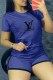 Royal Blue Casual Print Letter O Neck Short Sleeve Two Pieces