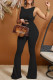 Black Sexy Solid Hollowed Out Patchwork Knotted O Neck Skinny Jumpsuits