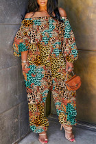 Leopard Print Casual Print Patchwork Off the Shoulder Regular Jumpsuits