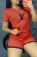 Tangerine Red Casual Print Letter O Neck Short Sleeve Two Pieces