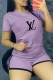 Purple Casual Print Letter O Neck Short Sleeve Two Pieces