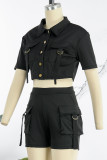 Black Street Solid Patchwork Pocket Buckle Turndown Collar Short Sleeve Two Pieces