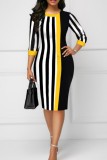 Black Casual Striped Print Patchwork O Neck Dresses
