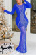 Blue Sexy Party Formal Hot Drilling Patchwork Mesh Hot Drill O Neck Evening Dress Dresses
