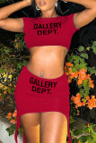 Red Casual Print Basic O Neck Short Sleeve Two Pieces