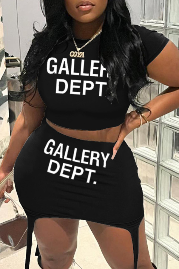 Black Casual Print Basic O Neck Short Sleeve Two Pieces