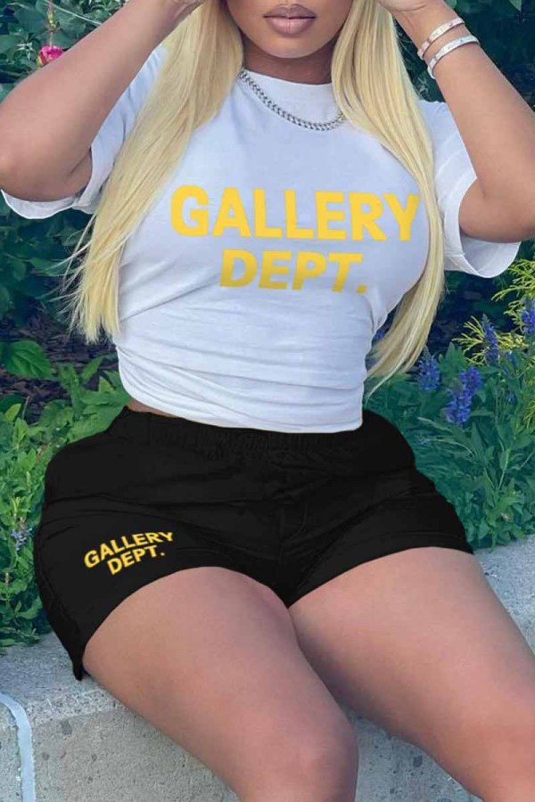 White Casual Print Letter O Neck Short Sleeve Two Pieces
