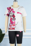 White Casual Street Print Patchwork O Neck Short Sleeve Two Pieces