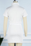 White Casual Solid Patchwork Pocket Zipper Turndown Collar One Step Skirt Dresses