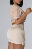 Cream White Casual Solid Patchwork Pocket High Waist Pencil Solid Color Bottoms