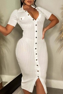 White Casual Solid Patchwork Turndown Collar Short Sleeve Dress