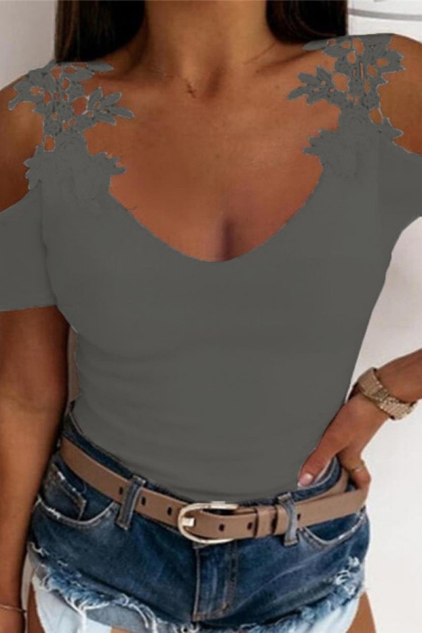 Grey Casual Solid Hollowed Out V Neck T-Shirts