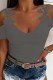 Grey Casual Solid Hollowed Out V Neck T-Shirts