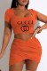 Orange Fashion Sexy Print Letter Square Collar Short Sleeve Two Pieces
