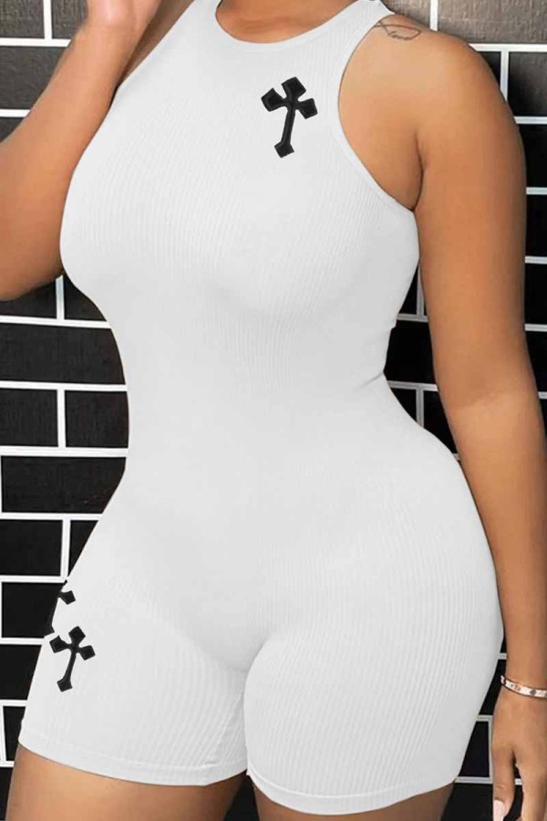 White Casual Street Print Without Belt O Neck Rompers