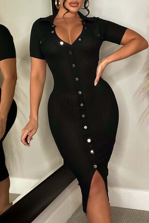 Black Casual Solid Patchwork Turndown Collar Short Sleeve Dress
