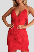 Red Sexy Solid Tassel Patchwork Spaghetti Strap Dresses