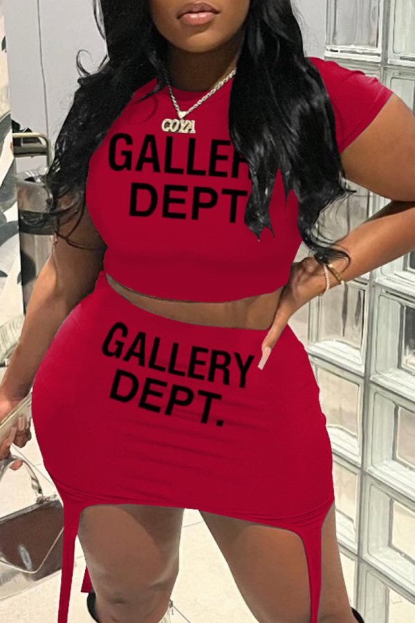 Red Casual Print Basic O Neck Short Sleeve Two Pieces