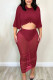 Burgundy Sexy Solid Patchwork See-through O Neck Half Sleeve Two Pieces